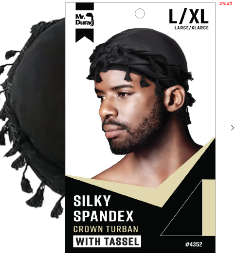 Mr. Durag Silky Spandex Crown Turban with Tassel L/XL – Choose Color | Pre-Tied Satin Turban for Style & Protection